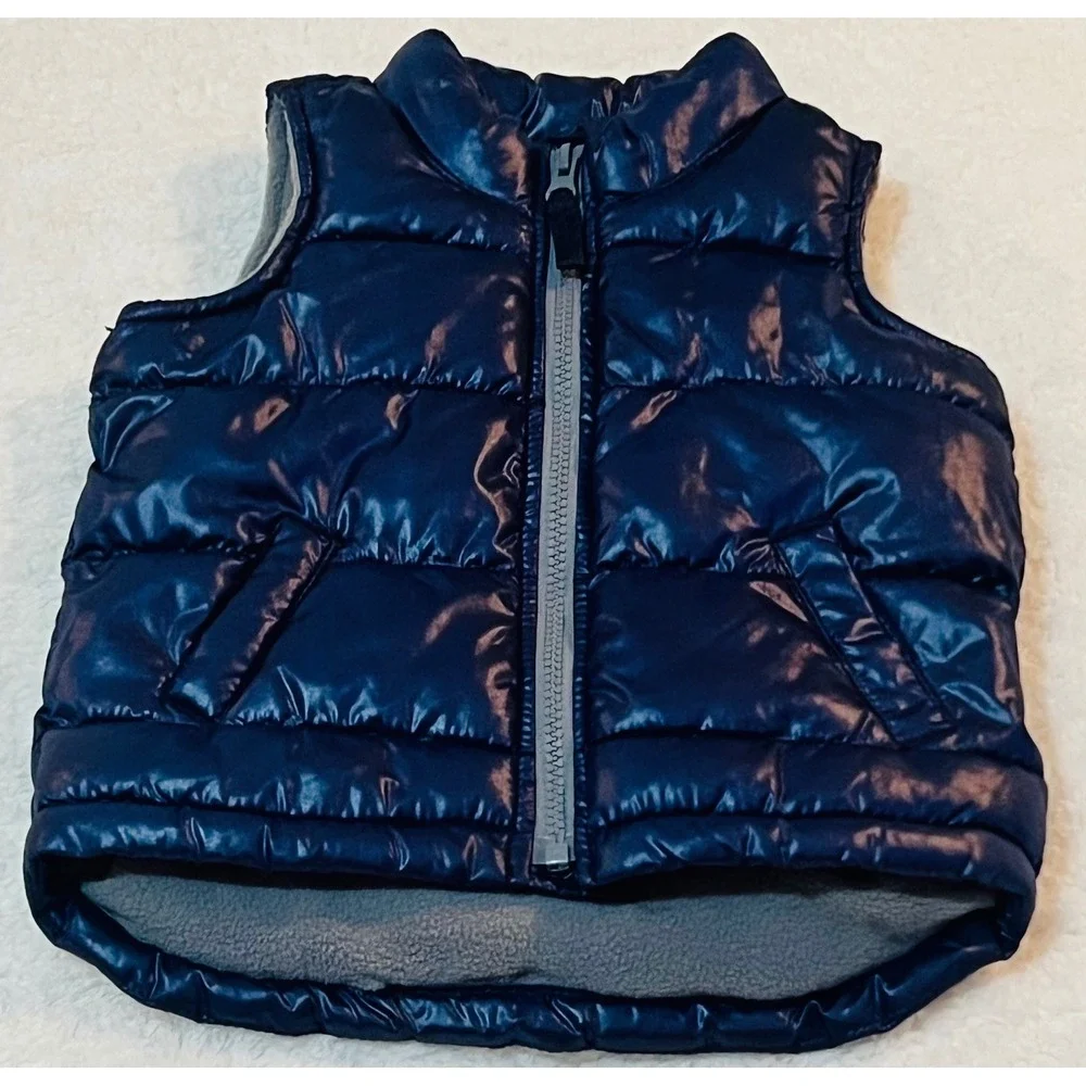 Old Navy Kids Navy Blue Glossy Puffer Vest Fleece Lined 18-24 Months